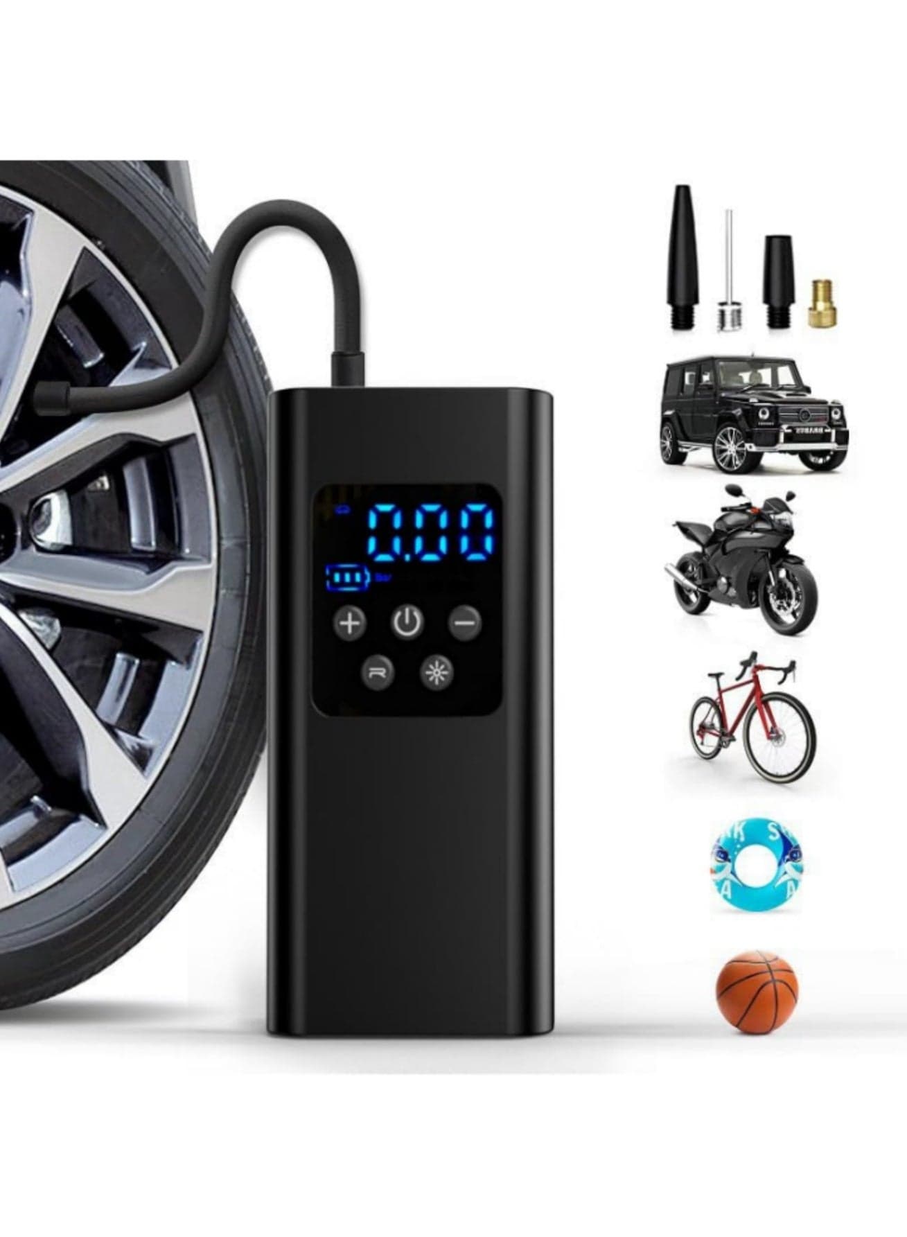 Air compressor tire inflator (4 nozzles) | 6000mAh battery | Car tire inflator | Digital tire inflator | Portable wireless bicycle air pump | With dual digital display | 150 PSI car tire inflator with LED indicator | Suitable for cars, motorcycles, bicycles, balls, air mattresses, pool floats, and vacuum bags.