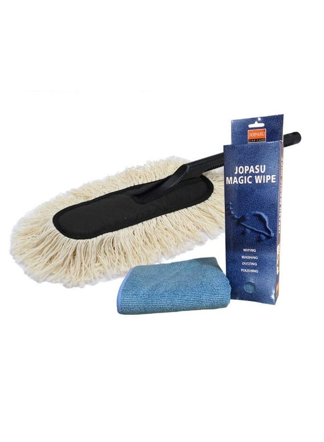 Jopasu Car Duster Brush and 380 GSM Microfibre Cloth Combo Pack for Car Care Cleaning & Dusting. Removes Dry Dust Without Scratching The Surface.