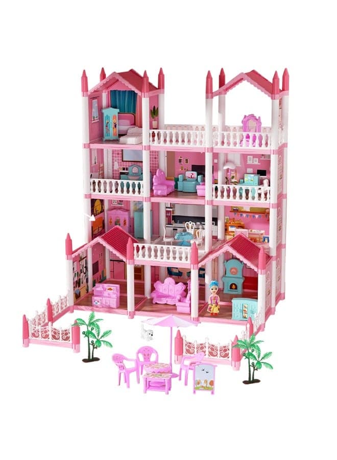 Castle Doll House Dreamhome, 4-Story 14 Rooms Dollhouse Playhouse with Doll and Furniture, Pretend Dream Dollhouse Playset Pink Girl Toys, Sturdy Construction, Easy to Move, Ideal Gift Toy