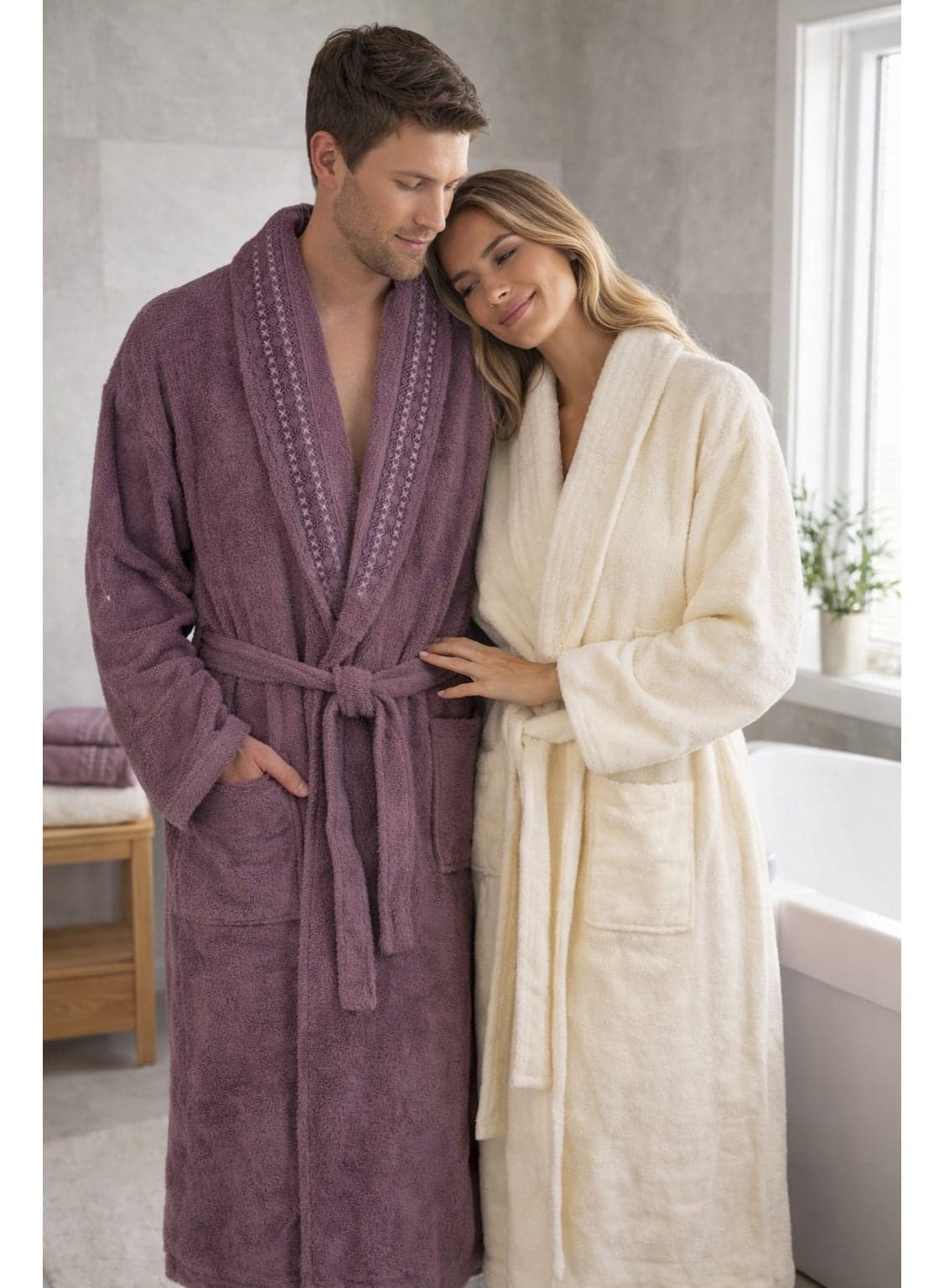 Safi Plus 2 Piece Couple Bathrobe & 4 Piece Towels Set - Premium Quality, Soft & Absorbent Turkish Cotton, 6-Piece Family Pack (Cream/Damson)