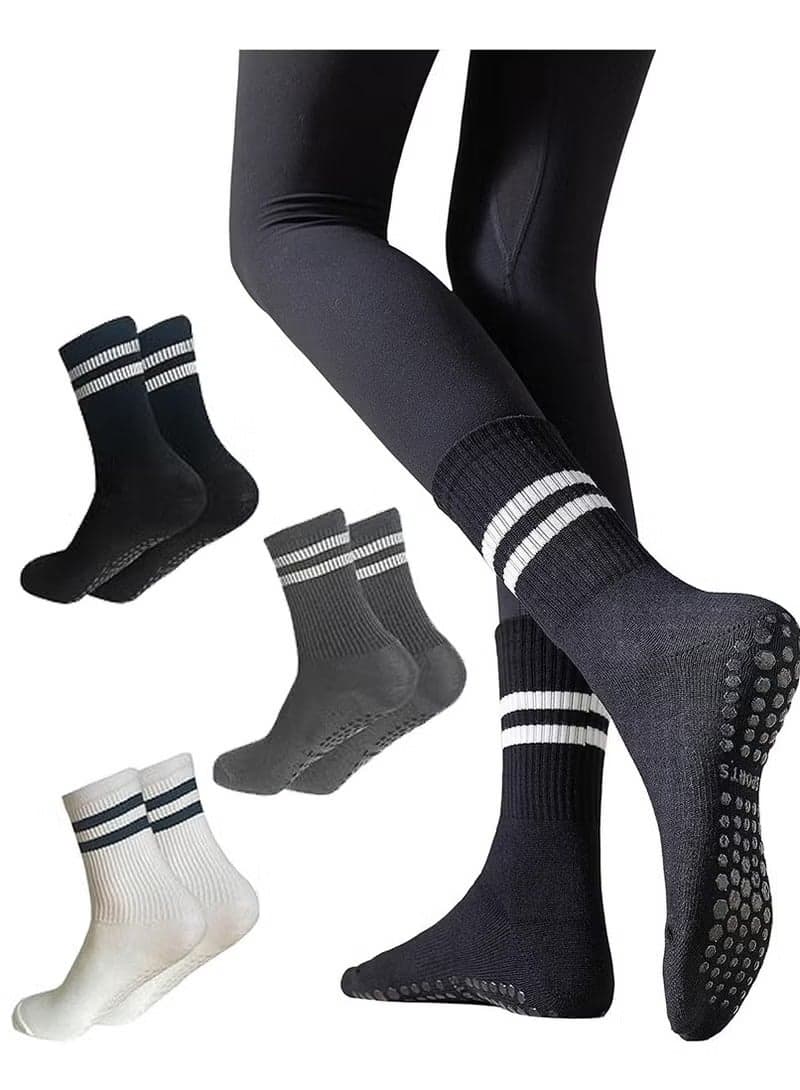 Yoga Socks with Grips for Women, 3pcs Non Slip Grip Socks for Yoga, Pilates, Barre, Dance, Ideal Cushioned Crew Socks For Home Workout Barre Pilates Hospital