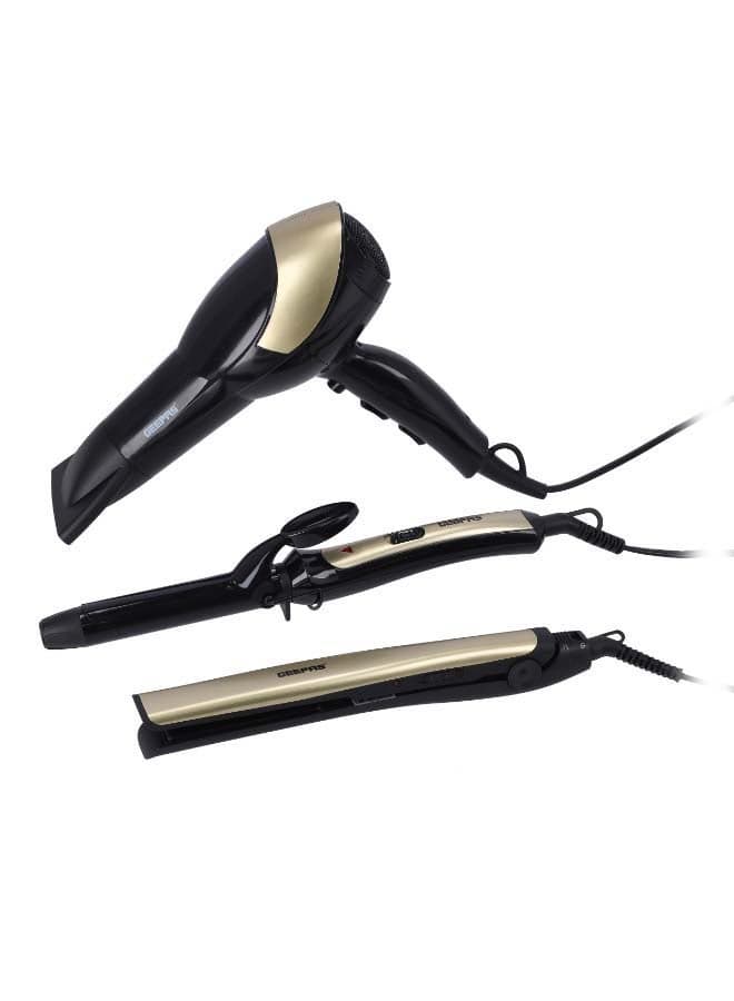 3 In 1 Hair Styling Set 2200W - 2 Speed And 3 Heat Setting Curler, Ceramic Coating Plates Straightener With 25mm Hair Curler, Ideal Gift For Women Black/Gold 1200grams
