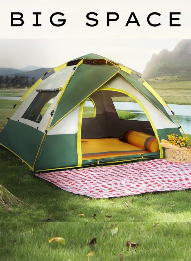 Camping Tent 4–5 Person, 1-Minute Quick Setup Pop-Up Family Tent with 2 Doors & 2 Windows, Waterproof & Windproof Outdoor Tent for Camping, Hiking, Beach & Travel – Green & White