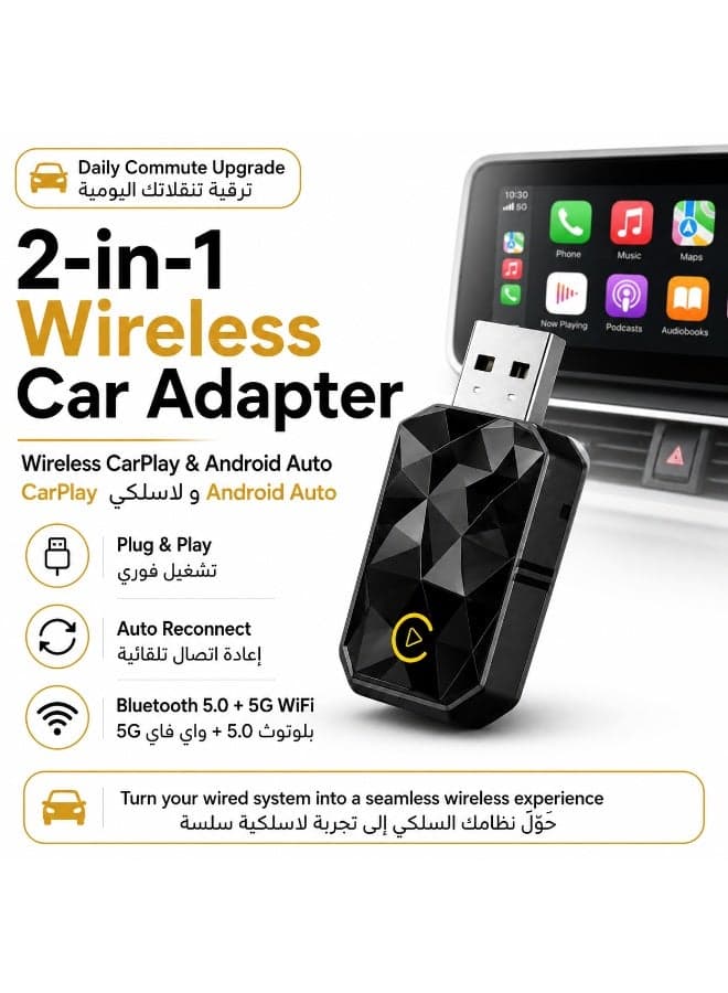 2 in 1 Android Auto Wireless Adapter & Wireless CarPlay Adapter Plug & Play