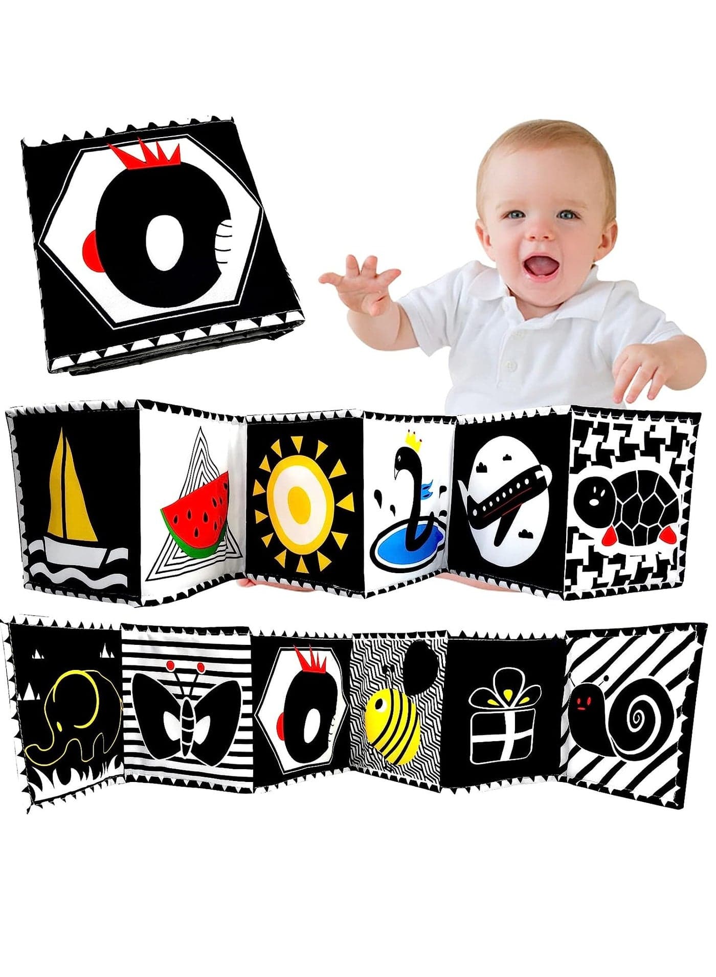 Infant Tummy Time Baby Toys Black and White High Contrast Baby Book for Newborns 0-3 Months Baby Early Education Sensory Toys Soft Washable Cloth Book Crib Toy Can Be Bitten and Tear