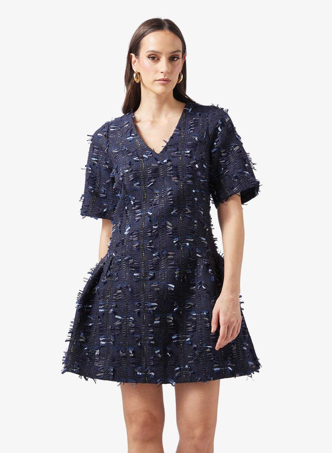 Back Zip Short Sleeve V Neck Midi Dress