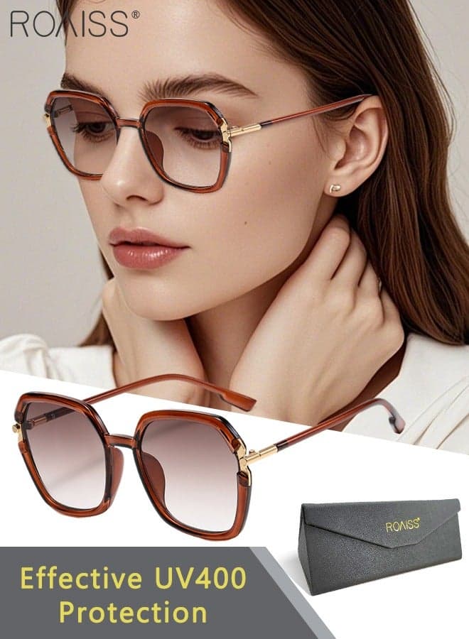Square Polarized Sunglasses for Women, UV400 Protection Sun Glasses With Metal and TR90 Frame, Fashion Anti-glare Sunglasses for Ladies with Glasses Case, 56mm, Brown