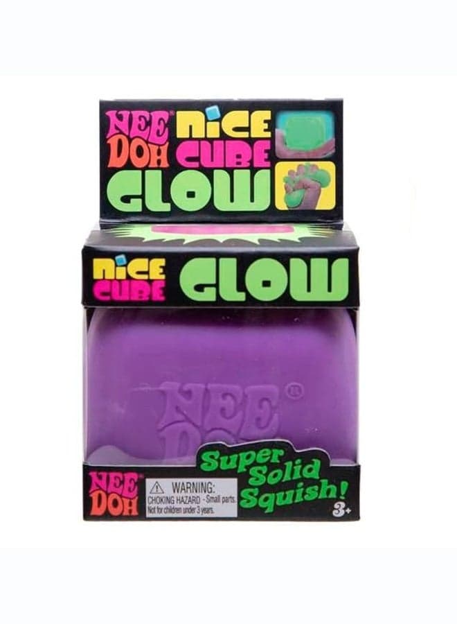 NeeDoh Nice Cube Glow Purple Squishy Sensory Fidget Toy, Glow in The Dark Stress Relief Squeeze Cube, Super Solid Squish Tactile Sensory Toy for Kids and Adults, Anxiety Relief, Ages 3+