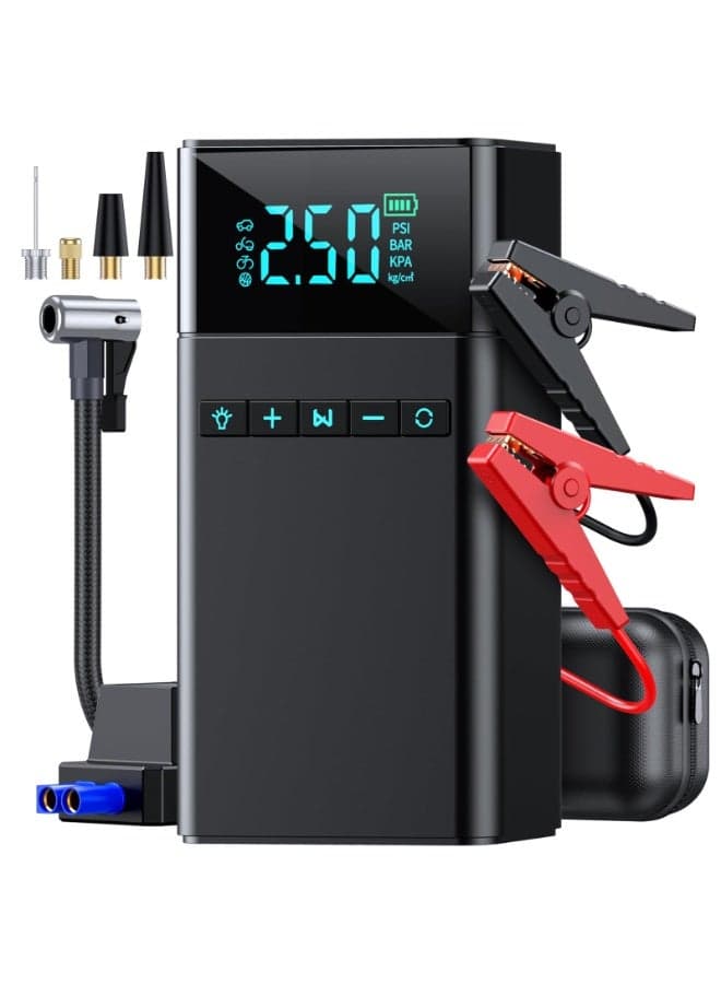 4 in 1 Jump Starter with Air Compressor 150PSI Car Power Bank Tire Inflator Tire Pressure Detection Automatically