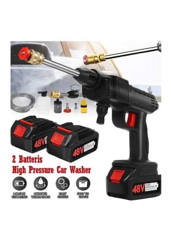Portable High Pressure Water Gun, Rechargeable Cordless Pressure Washer with Two 48V Lithium Batteries, 5m Hose & 3 Nozzles – Electric Washer Gun for Cars, Floors & Garden