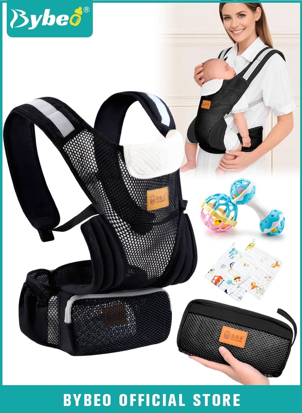 Baby Carrier, Baby Wraps Carrier with 2 Bibs and 2 Rattle Toys Set, Ergonomic Babywearing, Adjustable Infant Carrier Slings for Newborn to Toddler, Front and Back Use for Dad and Mom