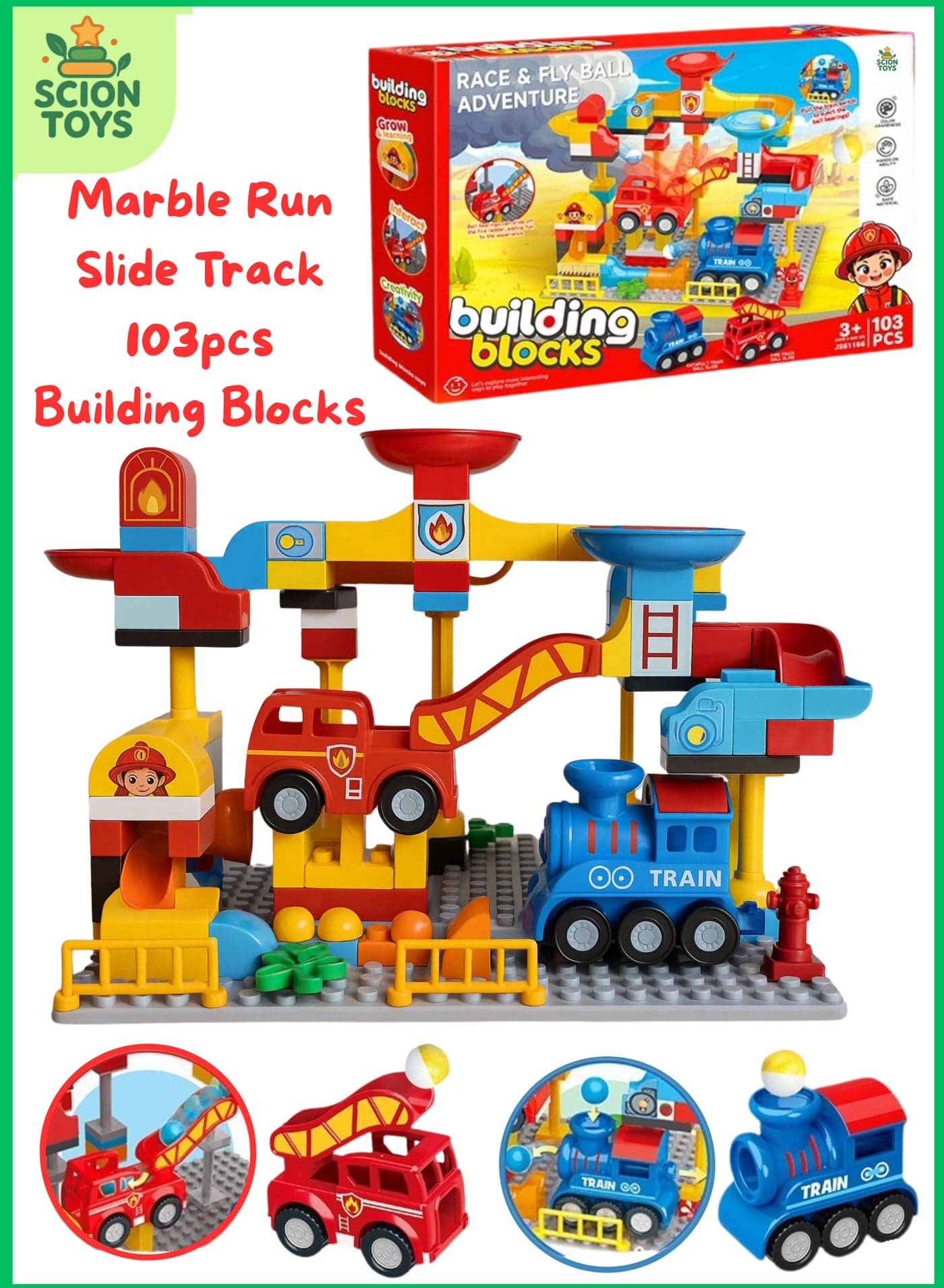 Premium Marble Run Slide Building Blocks for 3+ year old kids, 103 Piece Big Blocks Toy Set – Educational STEM Toy Bricks Set Kids Race Track, Bulk Bricks Set for Boys Girls Toddler Birthday Gifts UAE