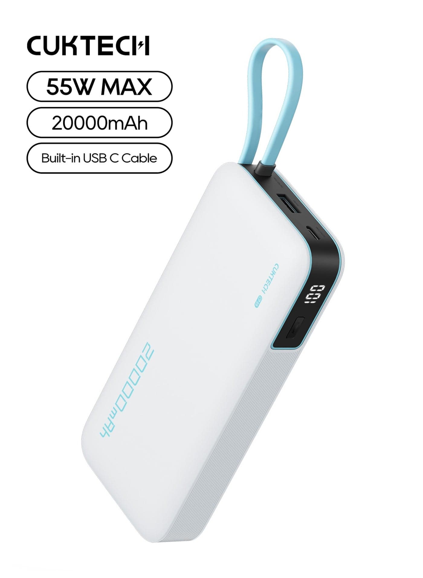 20000mAh Power Bank, 20,000mAh 55W MAX Portable Charger with Durable Built-in USB-C Cable (CP25), Slim Fast Charging Battery Pack Compatible with Xiaomi 15, iPhone 17/16, Samsung S25, Switch - White