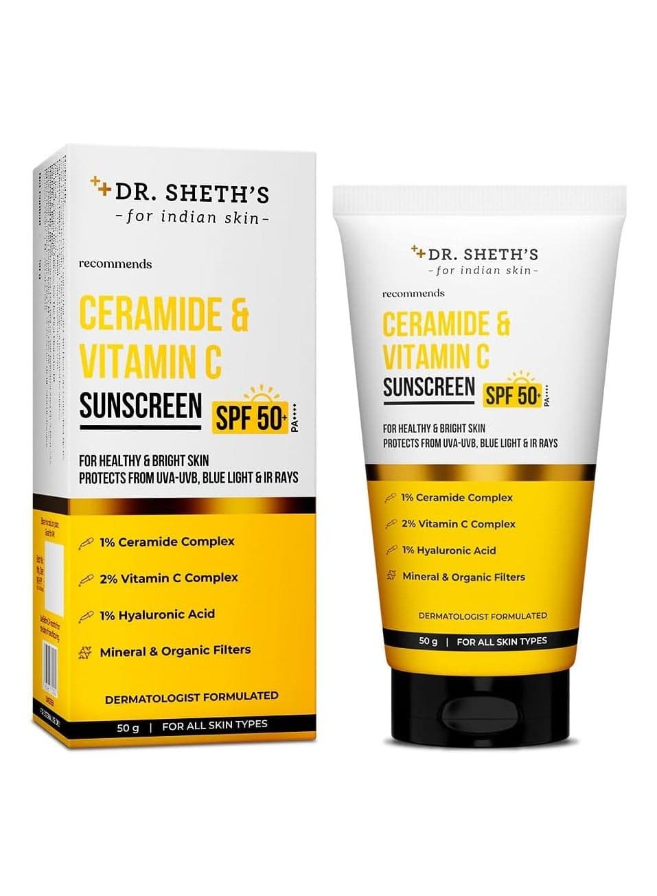 Ceramide And Vitamin C Long lasting Sunscreen SPF 50+ PA++++|For 6 hrs Advanced UV And Tan Protection|No White Cast, Water And Sweat-Resistant|Non-Greasy And Quick-Absorbing |For Women And Men |50g