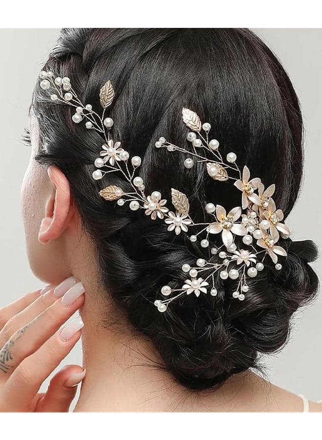 Gold Flower Wedding Prom Hair Accessories for Women Girls, Gold Hair Piece Vines Crystal Headband Pearls Handmade Wedding Hair Accessories