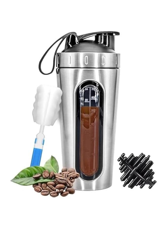 Stainless Steel Protein Shaker Bottle with Mixing Ball,Leak-Proof Protien Shakers Cup, Visible Measuring Window,Safe BPA Free Blender Bottles for Protein Mixes 28oz Gym Workout Fitness (Silver)