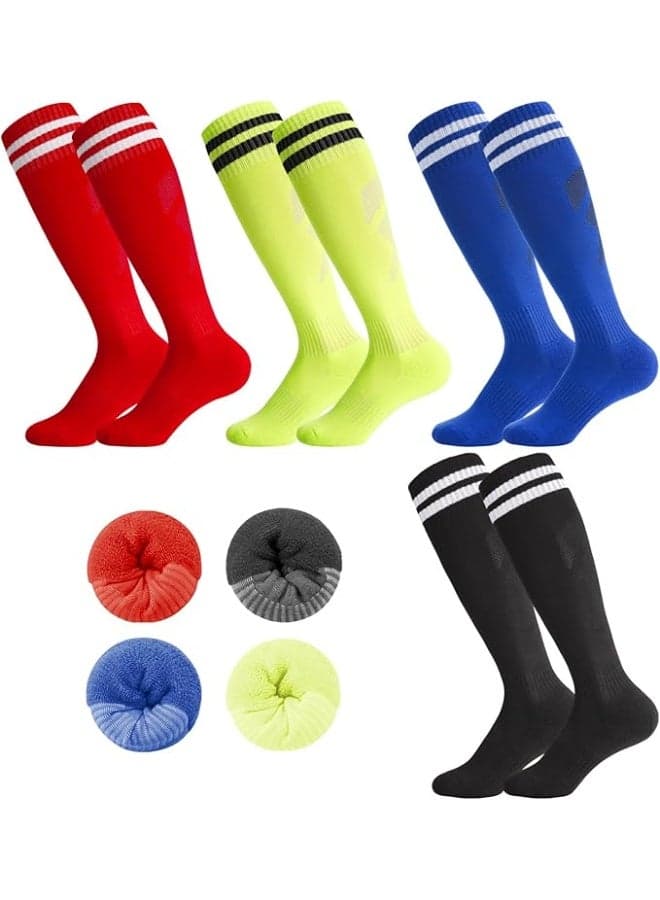 4 Pairs Kids Soccer Socks Set, 4 Colors Breathable Knee High Football Socks for Boys Girls Ages 5-12, Striped Sports Tube Socks for Training, Running, Daily Wear (Style 2)