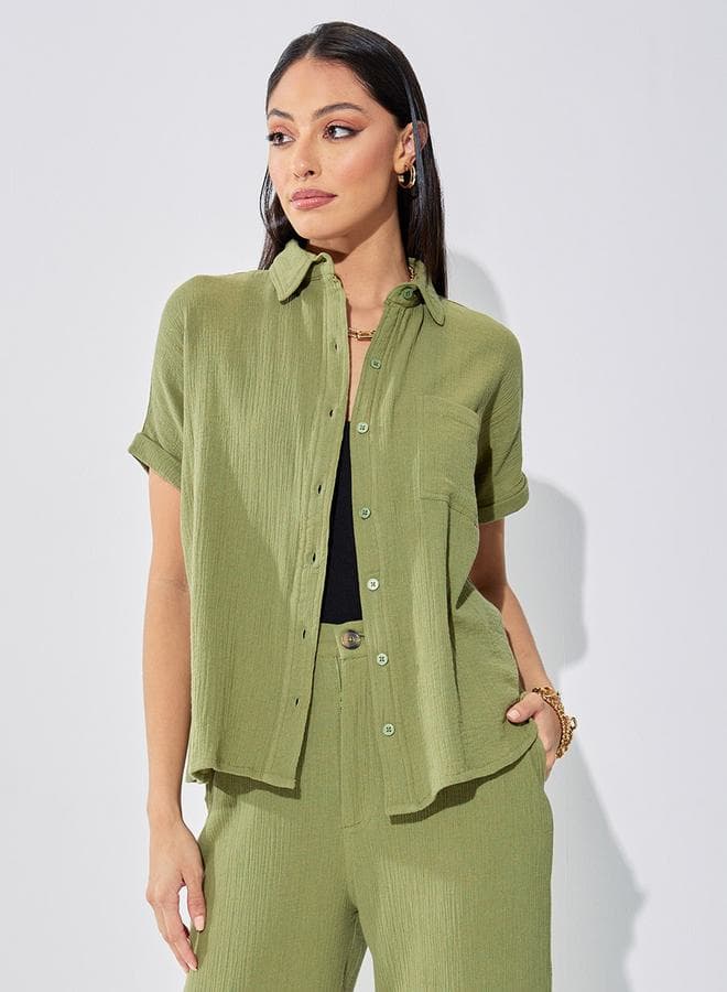 Styli Cotton Gauze Textured Shirt with Turn-Up Sleeves