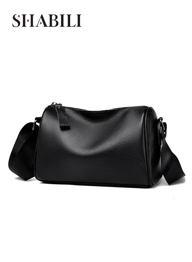 Men Genuine Cowhide Leather Shoulder Bag Crossbody Sling Satchel, Large Capacity Multi-Pocket Design with Adjustable Strap; Ideal for Casual, Party, Travel, Work, Commuting, Youth College Use (Black)