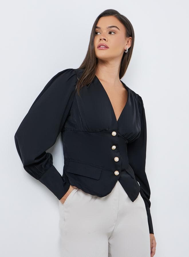 Styli Solid Buttoned Balloon Sleeve Top