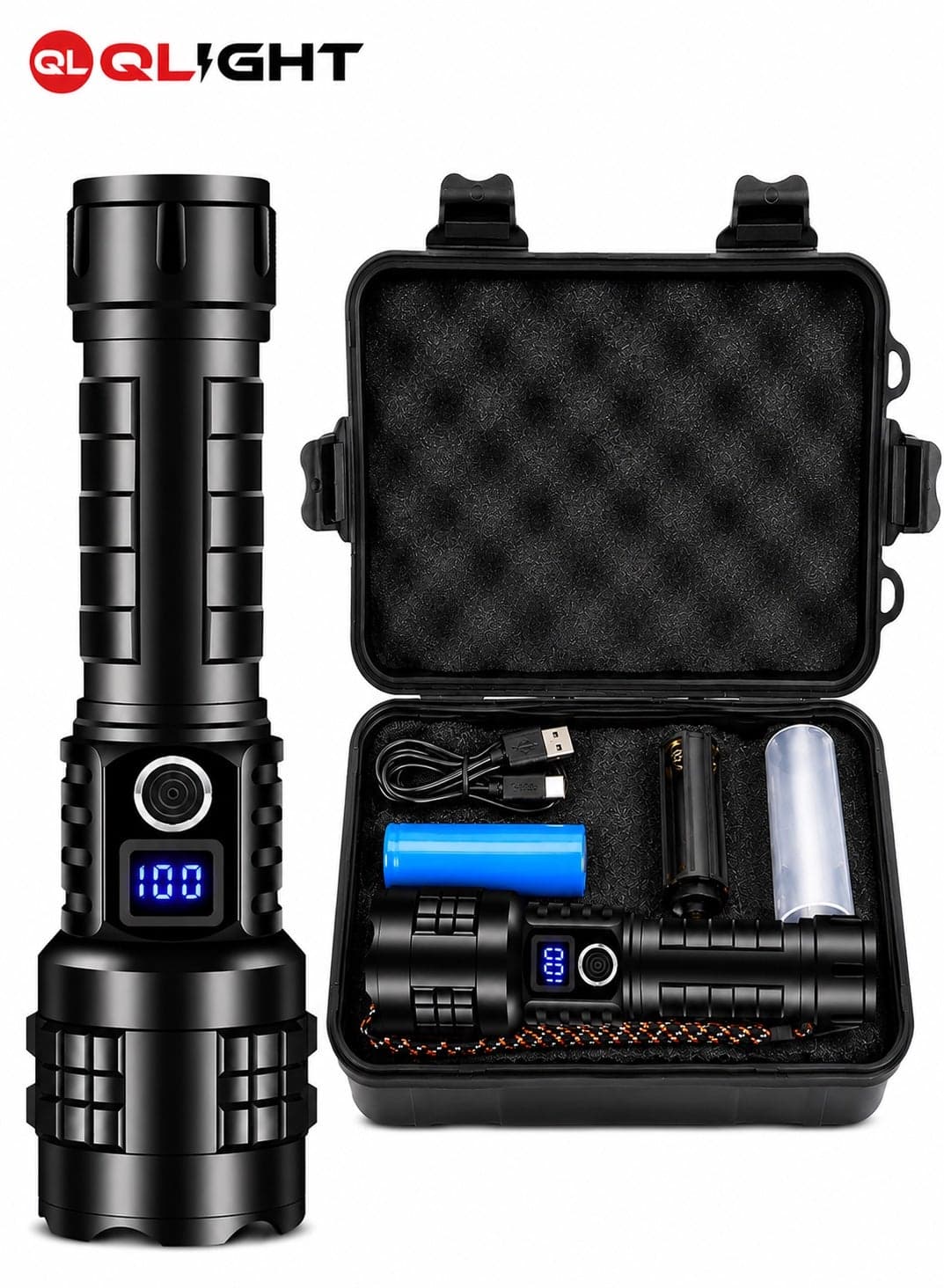 QLIGHT Rechargeable LED Flashlight 20000 Lumens High Power Torch, USB Fast Charging, Digital Battery Display, 5 Lighting Modes, Waterproof Tactical Flashlight with Carry Case, Long Range Searchlight for Camping, Emergency & Outdoor Use