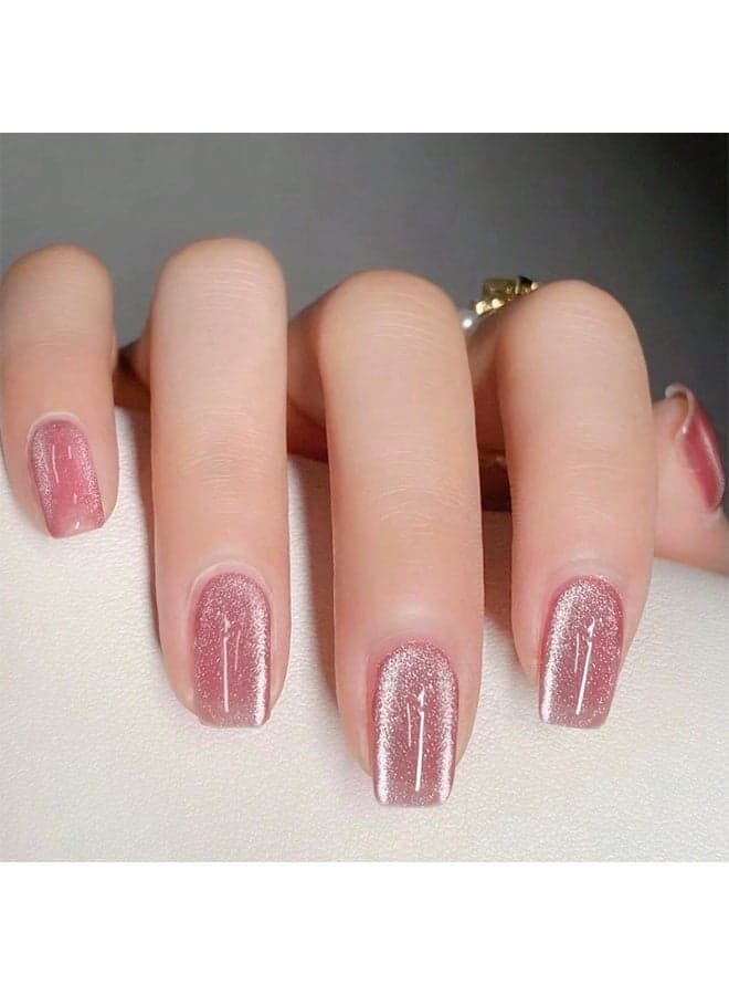 Press On Nails Pink Shimmer Glossy Square Set, Reusable Glue On Nails with Full Cover Fit, Gel Look Fake Nails with Nail Adhesive Tabs for Instant Salon Manicure, Elegant Short Square Nails for Daily Wear, Wedding and Party