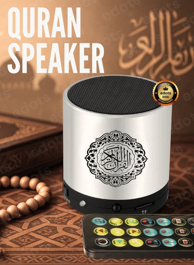 Compact Digital Quran Speaker with Translation, Tafseer & HD Audio – Portable Islamic Learning Companion | Silver