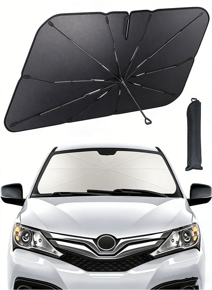Foldable Car Windshield Sunshade Umbrella for Heat Protection, 5 Layer Reflective Sun Cover Blocks UV Rays, 10-Rib Fiberglass Frame for Durability, 140x80CM Front Window Sun Visor Protector for Most Cars, SUVs, and Trucks