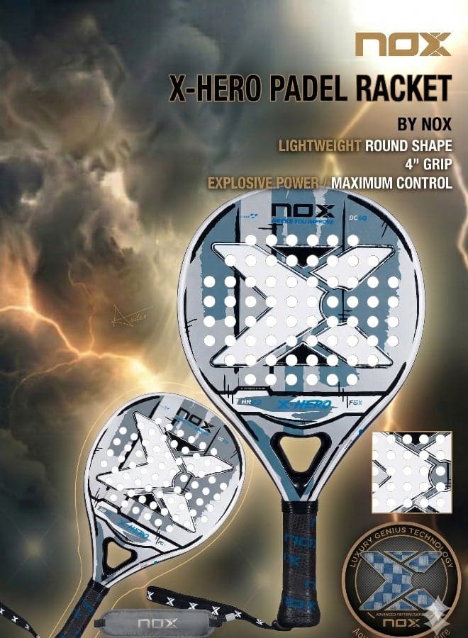 X-Hero Padel Racket – 4” Grip, Lightweight Round Shape, Soft Feel Control for Beginners & Intermediate Players, White