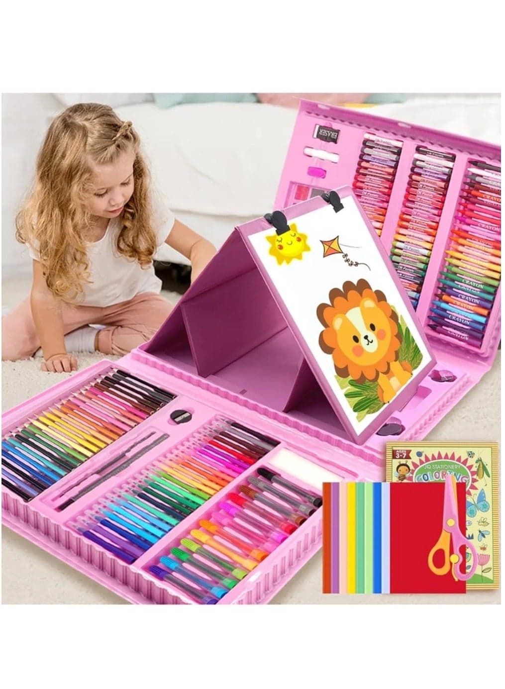 208 Pcs Art Supplies , Drawing Art Kit for Kids Girls Boys Teens Artist , Art Set Case with Trifold Easel, Includes Oil Pastels, Crayons, Colored Pencils, Coloring Book , Pink