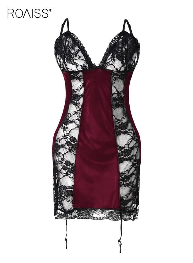 Satin Lace Patchwork Nightdress for Women V Neck Embroidery Mesh Chemise Lingerie Dress Ladies for Night or Party Wear Summer Dress for Ladies Sleeveless Suspender Skirt Black Red