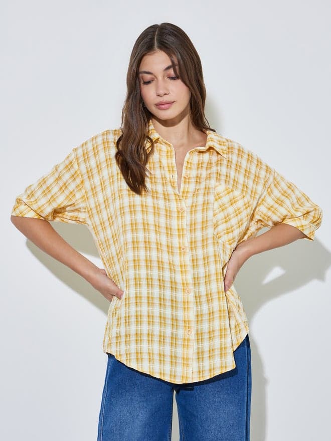 Styli Yellow Checked Pattern Casual Shirt