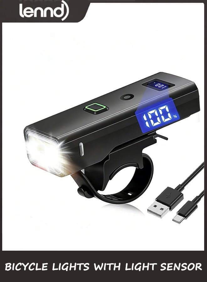Bike Light, High Lumens Super Bright Bicycle Front Headlight USB Rechargeable, Waterproof Cycling Lights 4-Mode for Night Riding, Road, Mountain, Safety, with LED Display & Light Sensor