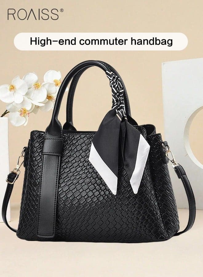 Women PU Leather Large Capacity Tote Bag Women's Business Fashion Crossbody Bag Silk Scarf Decorative Adjustable Shoulder Strap Handbag Waterproof and Scratch-Resistant Shopper Black