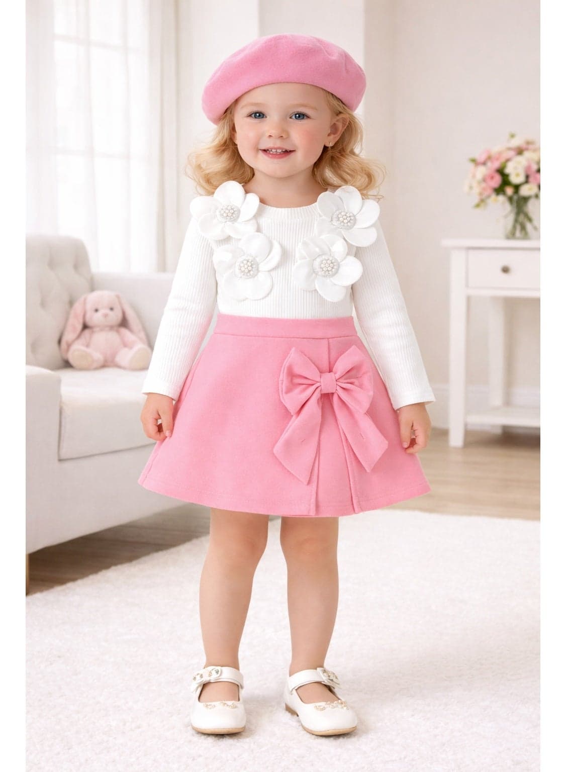Girls 2-Piece Outfit Set with Hat – Floral Applique Ribbed Top & Bow Skirt with Matching Beret | Elegant Party Wear Dress for Toddler Girls (2 – 4 Years)