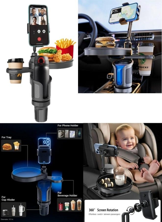 Car Cup Holder Expander with Tray & Phone Mount, 3-in-1 Multifunctional Car Organizer 360° Rotatable for Food Drink Phone, Universal Car Accessories