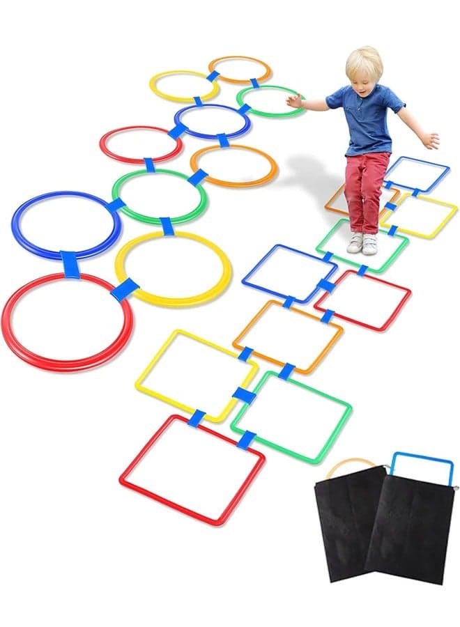 2 Sets Hopscotch Rings, 20 Plastic Square & Round Hoops with 30 Connectors for Toddlers Gross Motor Skills, Indoor/Outdoor Agility Rings for Kids Playground Obstacle Courses(15 Inch)