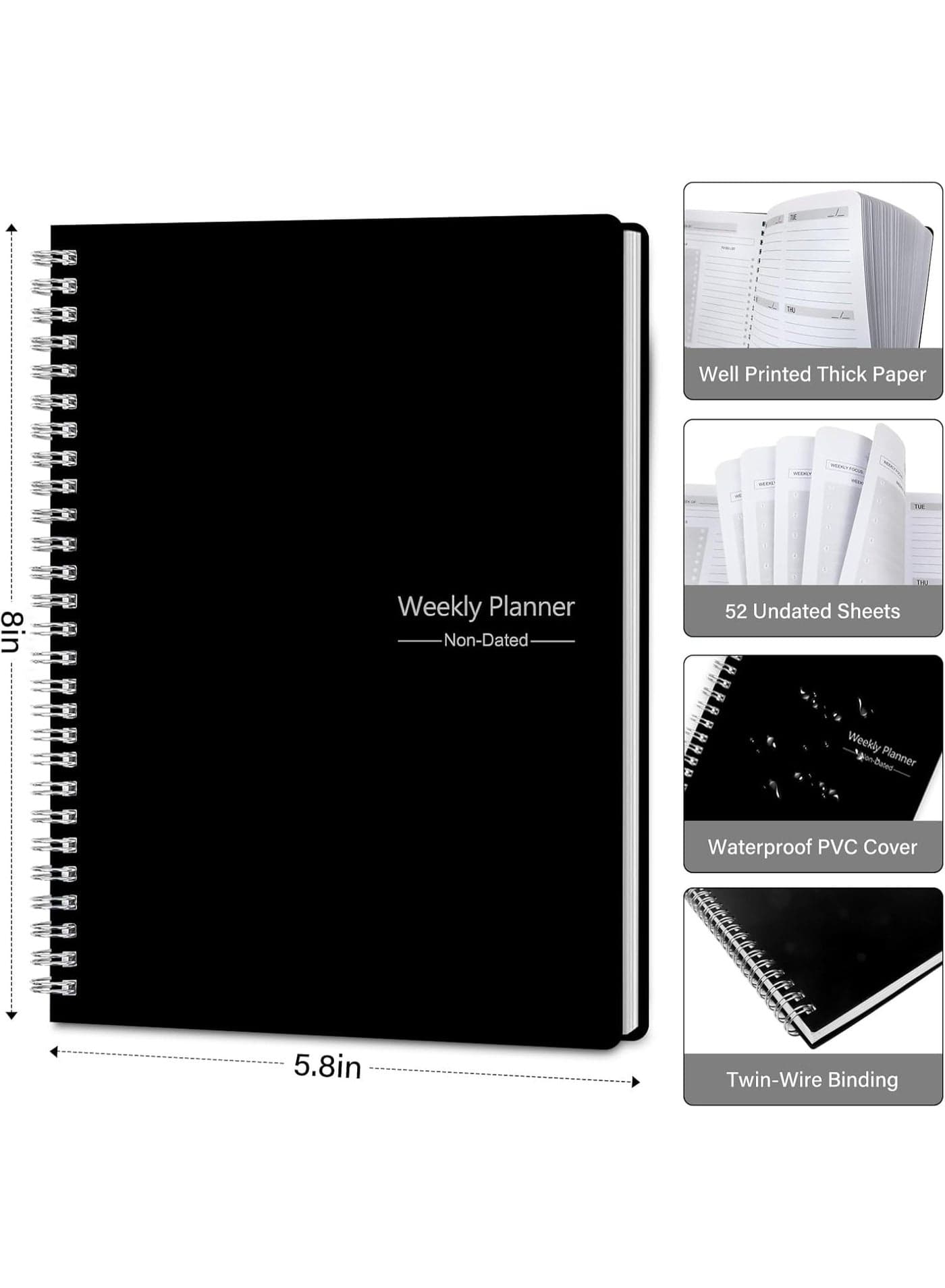 Weekly Planner Undated, A5 To Do List Notebook Weekly Goals Schedule Planner Daily Planner Notebook Weekly Goals Planner for Work & Personal Life(Black)