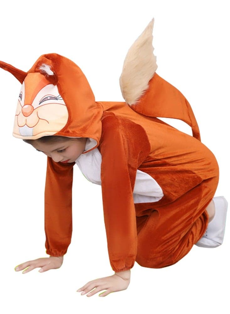 Squirrel Costume for toddler Kids - Long Sleeve Hooded Animal Jumpsuit with Tail, Cute Furry Stage Play Outfit for kid's Performance, Theater, Halloween Dress Up