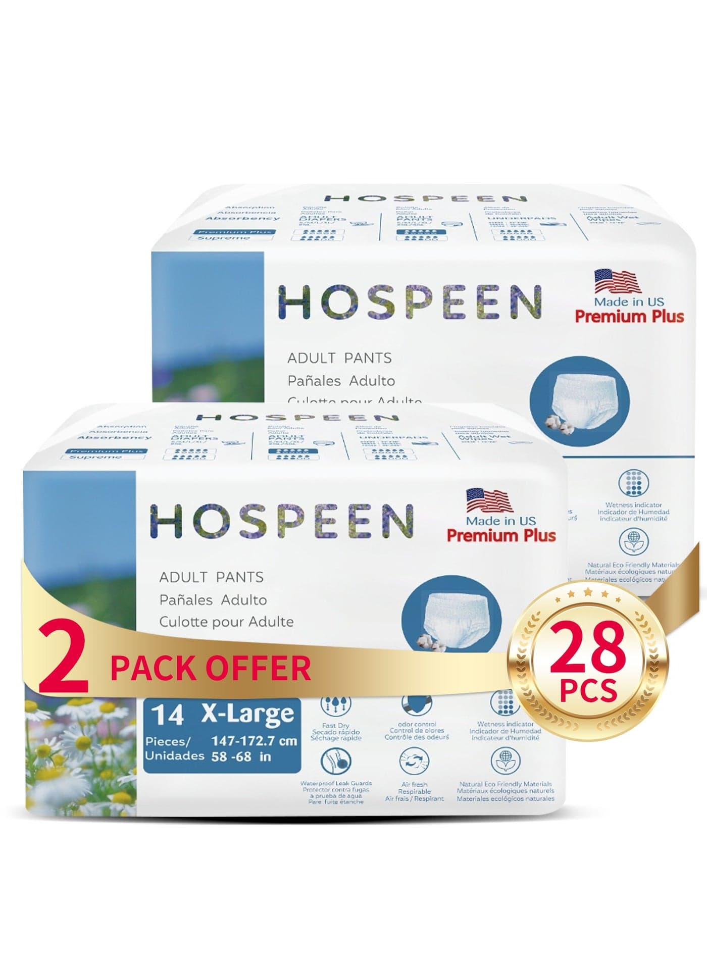 Nateen Hospeen Premium Overnight Adult Diapers,Disposable Period Pants for Women, Postpartum Underwear, Adult pull ups for Light Incontinence, Size XL/XXL,Waist Size 147-172cm, (28 Count)