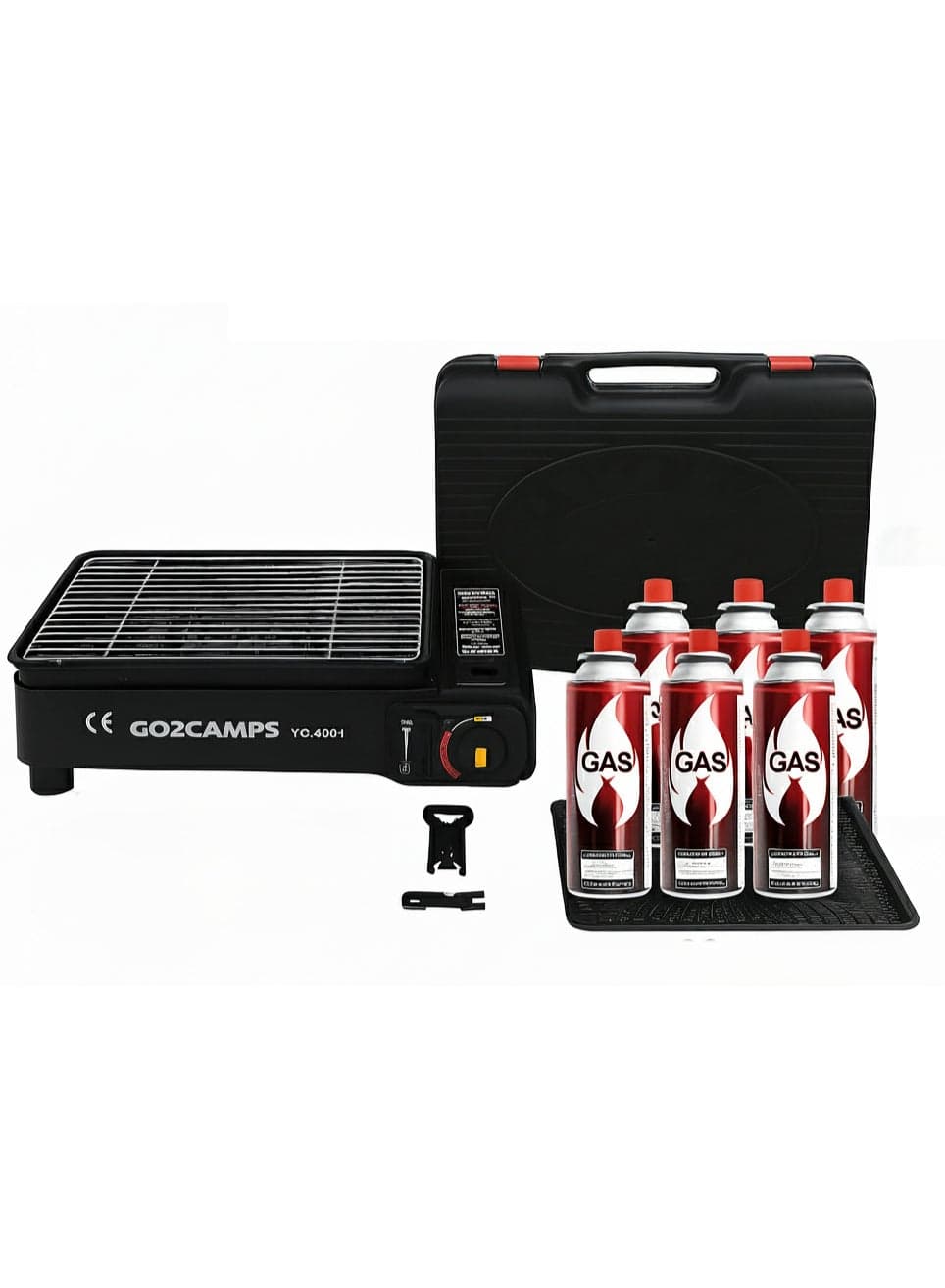 Portable Butane Gas BBQ Grill Camping Stove & Griddle Combo with 6 Butane Cartridges, Carry Case, & Tools – Ideal for Kabob, Grilling, Picnics, Tailgating, & Outdoor Cooking