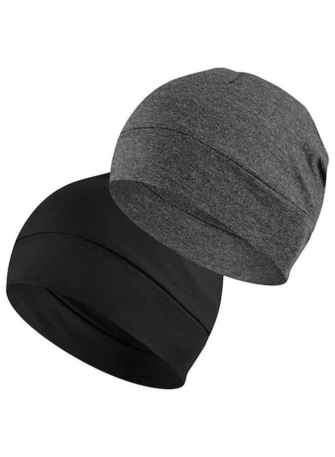 2-Packs Cotton Skull Caps For Men Women, Lightweight Beanie Sleep Hats Breathable, Sweat-Absorbent Cycling And Running Caps And Chemo Hair Loss (Black & Grey)