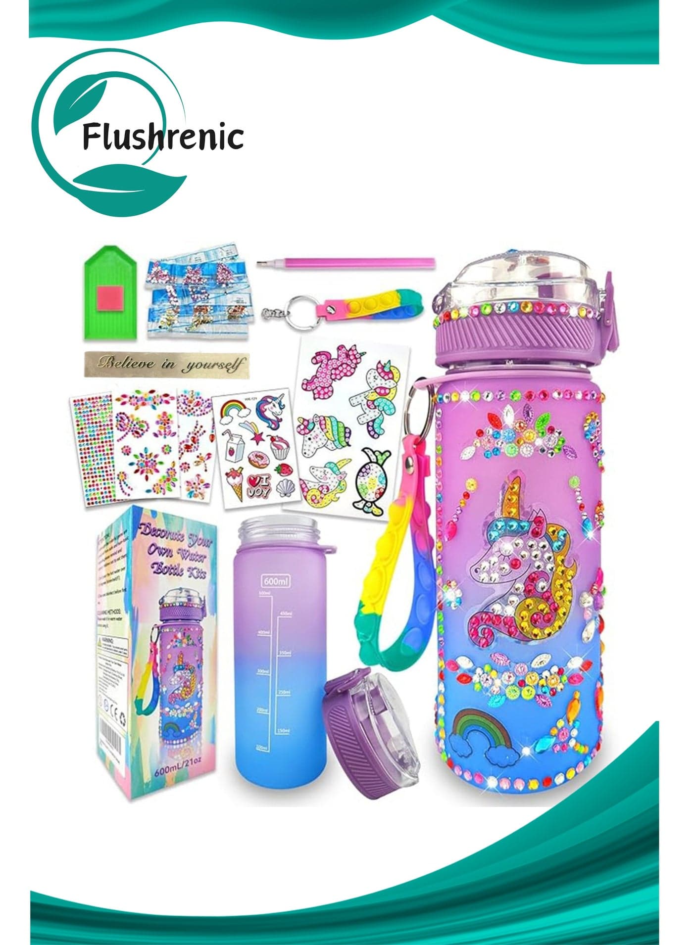 Decorate Your Own Water Bottle Kits,Water Bottle Kits Colorful,Kids Water Bottle Gifts Mermaid Water Bottle,with Stickers Attractive Decorate Your Own Water Bottle Kits for Little Kids (Unicorn)