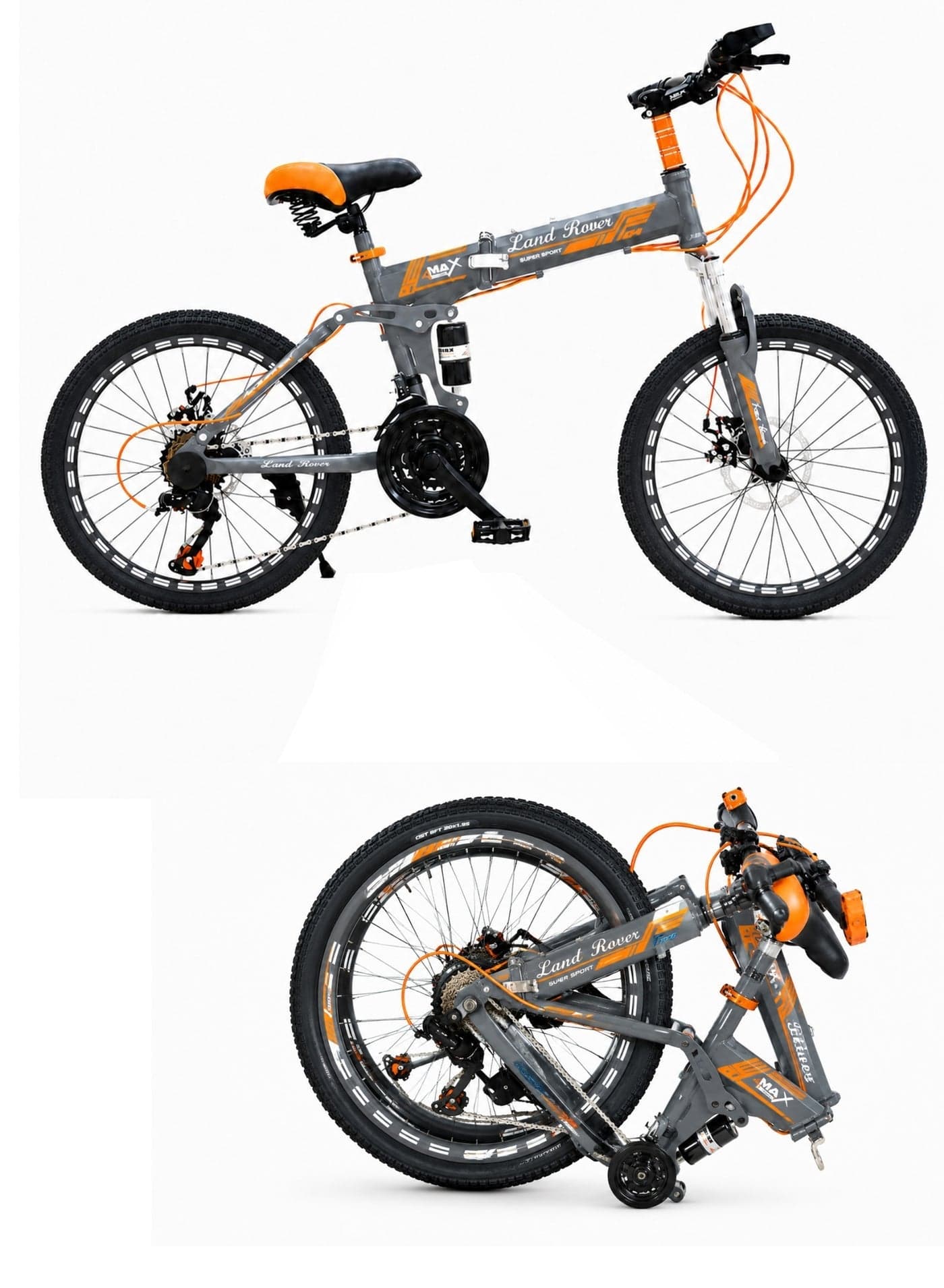 26-Inch Folding Bike | 26-Inch Wheel Size | Adjustable Seat | 21-Speed With Carbon Steel Frame | Front Suspension & Dual Disc Brakes | Grey/Orange