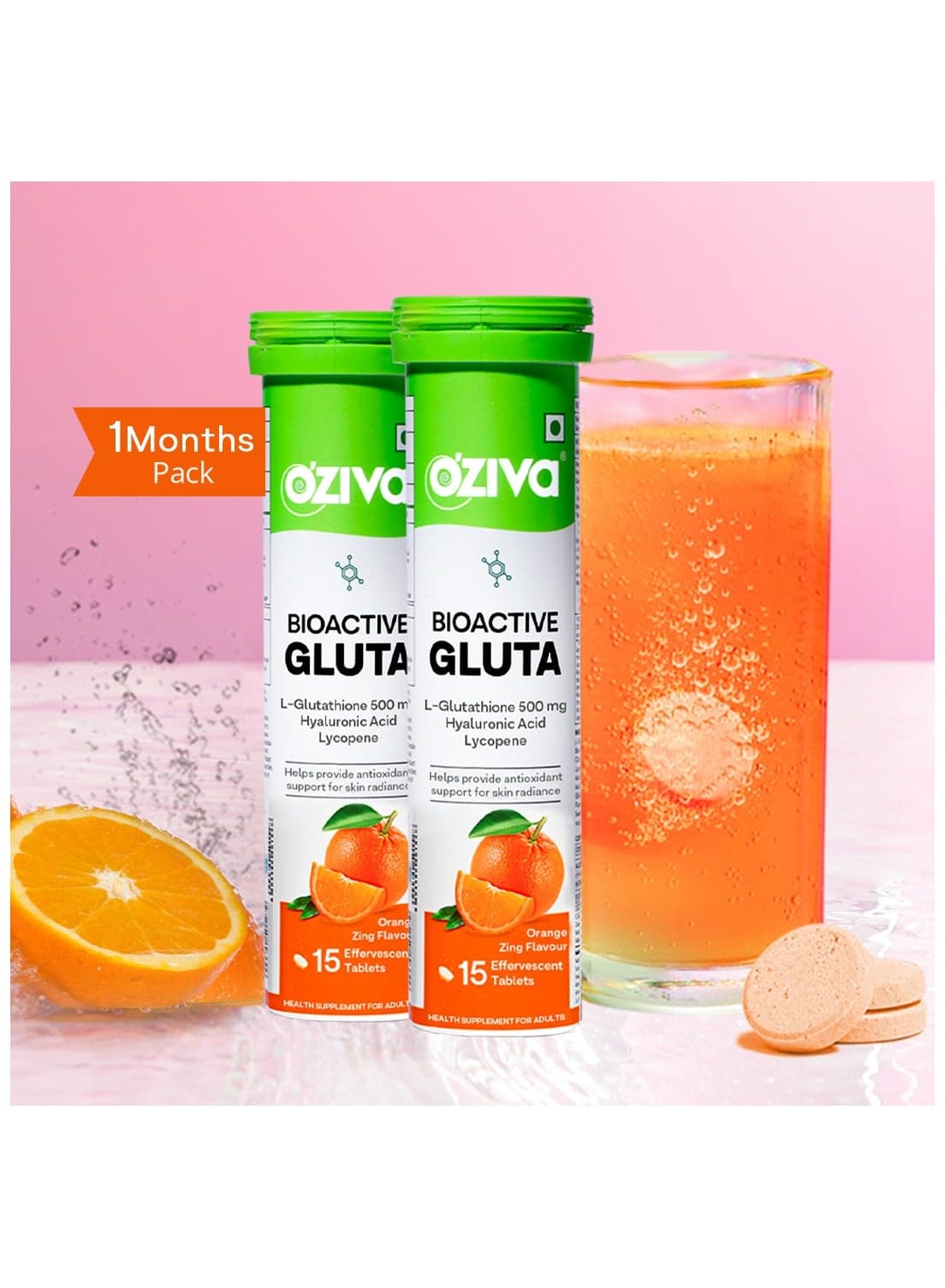 OZiva Bioactive Gluta Fizzy-5 Potent Antioxidants | Glutathione tablets For Skin Radiance & Glow | With Hyaluronic Acid, Lycopene, Astaxanthin - Orange zing, Pack of 2 (30 Tablets)