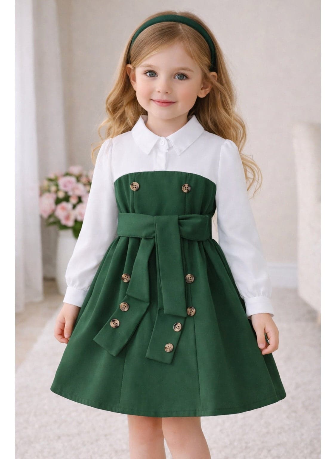 Girls Dress 4-5 Years | Elegant Collared Party Dress with Belt & Button Detail | Green & Black Color Options | Long Sleeve Kids Casual & Occasion Wear