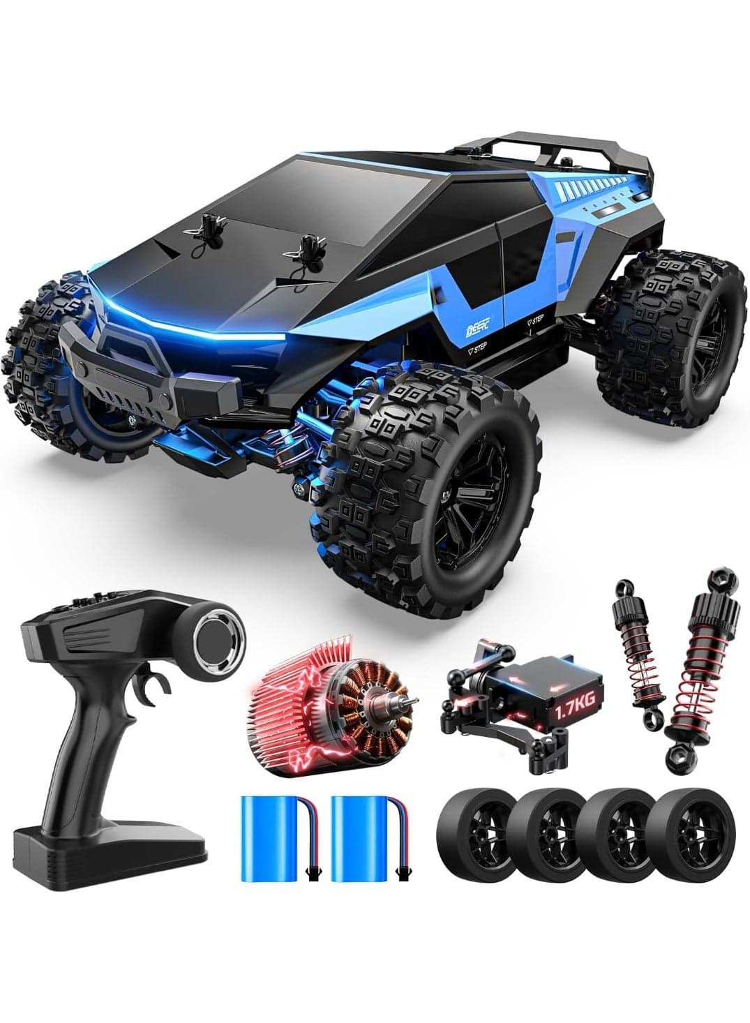 DEERC 1815 1/18 All Terrain Fast Drift & Racing RC Car, 40KM/H Remote Control Truck with Futuristic Body Shell, Extra Drift Wheels, 2.4GHz Waterproof Off-Road Vehicle with 2 Batteries for Kids & Adult