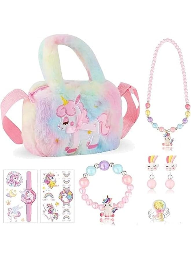 Unicorn Gifts for Girls, 8 PCS Unicorn Crossbody Bag Purse with Jewelry Set, Rainbow Plush Unicorn Princess Necklace Bracelet Rings Earrings Stickers Handbag Gifts Accessories