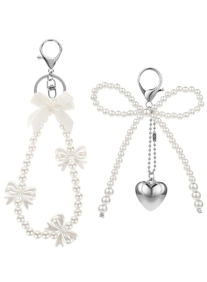 2 Pcs Pearl Bow Keychain Cute Key Chains for Women Bowknot Silver Heart Pendant Key Ring Phone Charms Girl Purse Accessories Aesthetic Key Chains for Car Keys Bag
