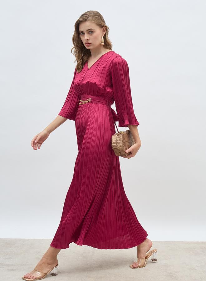 Solid 3/4 Sleeves Pleated A-line Maxi Dress with Belt